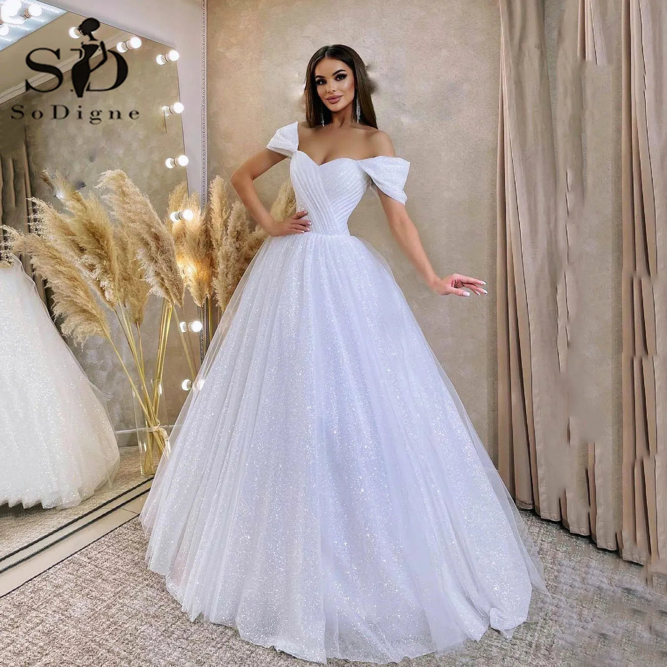 SoDigne Shiny a Line Wedding Dresses Off Shoulder Boho Bride Dress Glitter Wedding Gowns Princess Vestido De Noiva Customized - My Store