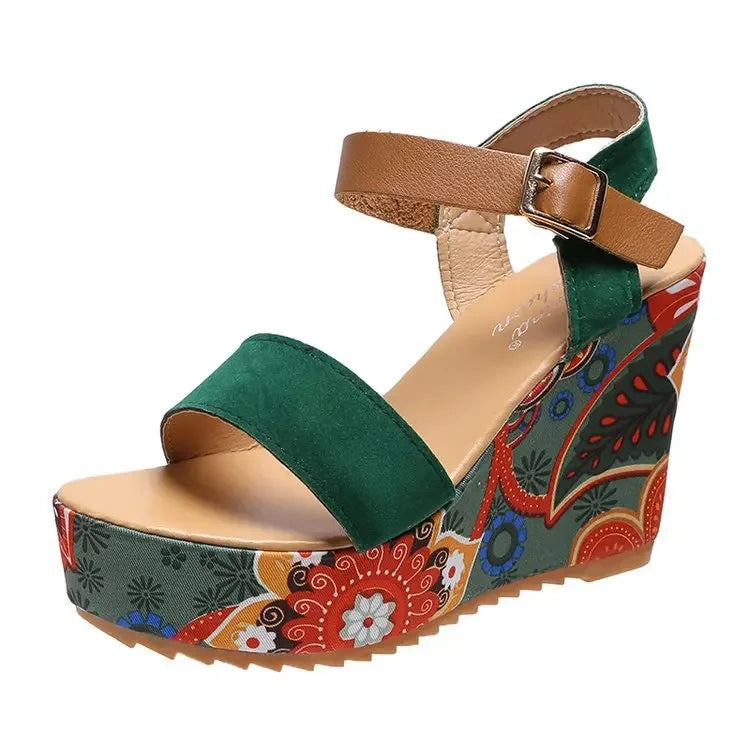 Sandals Women's Peep Toe Floral Print Slingback Wedge Sandals Ethnic Print Platform Shoes Ladies Ankle Buckle Sandalias De Mujer