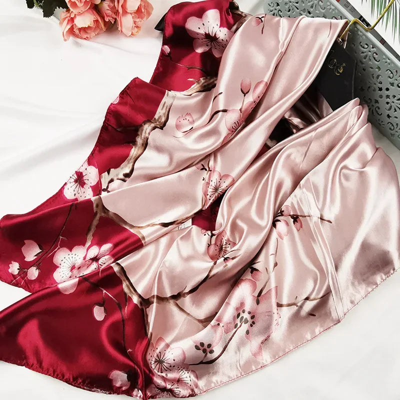 90cm Neckerchief Silk Satin Women Hijab Scaves Fashion Floral Print Headband Neck Scarfs Female Square Shawls Scarfs for Ladies