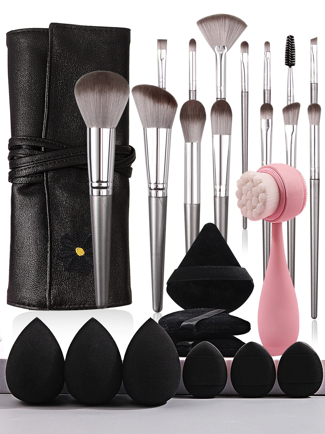 Professional Makeup Tools Set 15PCS Foundation Makeup Brush Face Wash Brush Set 9PCS Makeup Sponge Remover Puffs 1PCS Makeup Bag - My Store