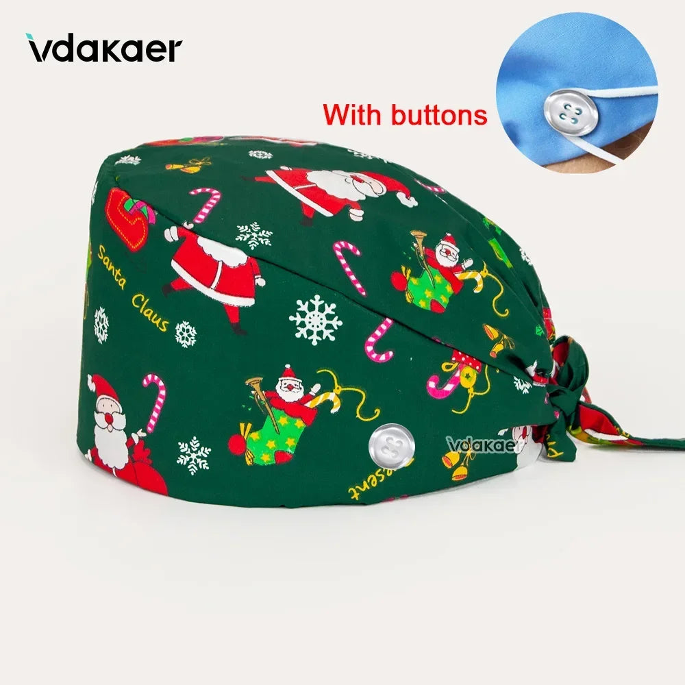 With Buttons Santa Claus Print Hats Adjustable Scrub Cap Beauty Salon Nursing Cap Laboratory Accessories Scrubs Christmas Hats