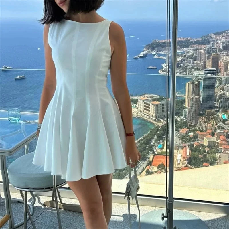 MUJER White Ruched Short Dresses for Women 2025 Sleeveless Mini Dress Woman Summer Elegant Party Dresses Pleated Holiday Dress