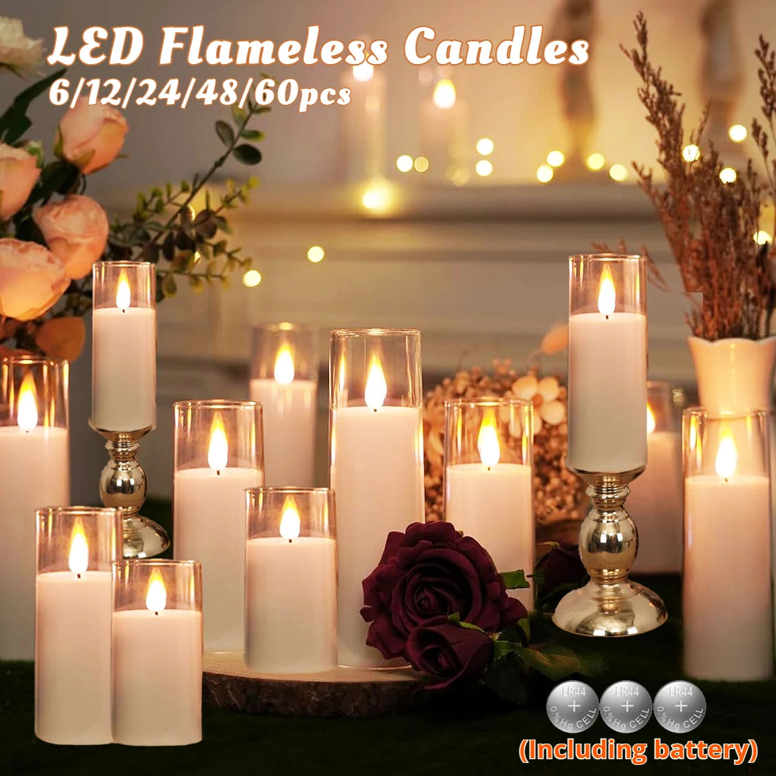 6-60pcs Acrylic Glass Led Candles With Batteries Wedding Flameless Candles Flickering Pillar Candle for Home Party Outdoor Decor