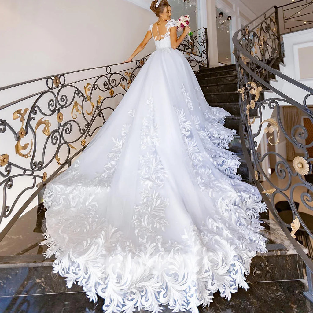 Exquisite O-Neck Princess Wedding Dresses Short Sleeves Ball Gown Bridal Dress Sparkly Appliques Wedding Gown for Bride 2025 - My Store