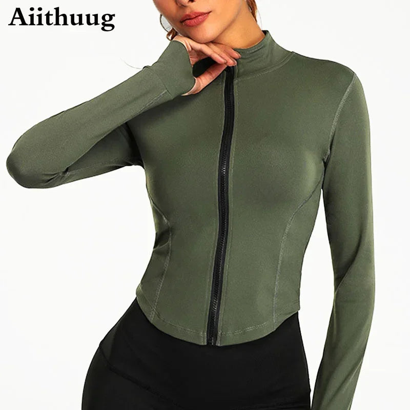 Aiithuug Women Full Zip-Up Yoga Top Workout Running Jackets With Thumb Holes Stretchy Fitted Long Sleeve Crop Tops Activewear