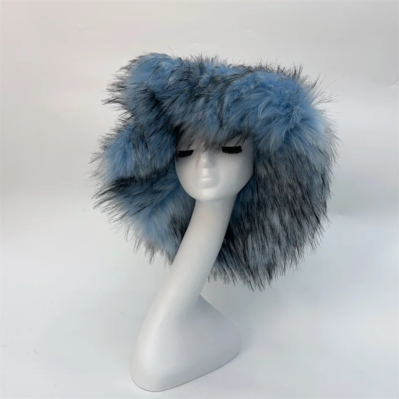 Winter Warm Plush Bucket Hat Women Oversize Earflaps Fluffy Faux Fur Hats Fashion Furry Raccoon Fur Cotton Hat Solid Color Hats