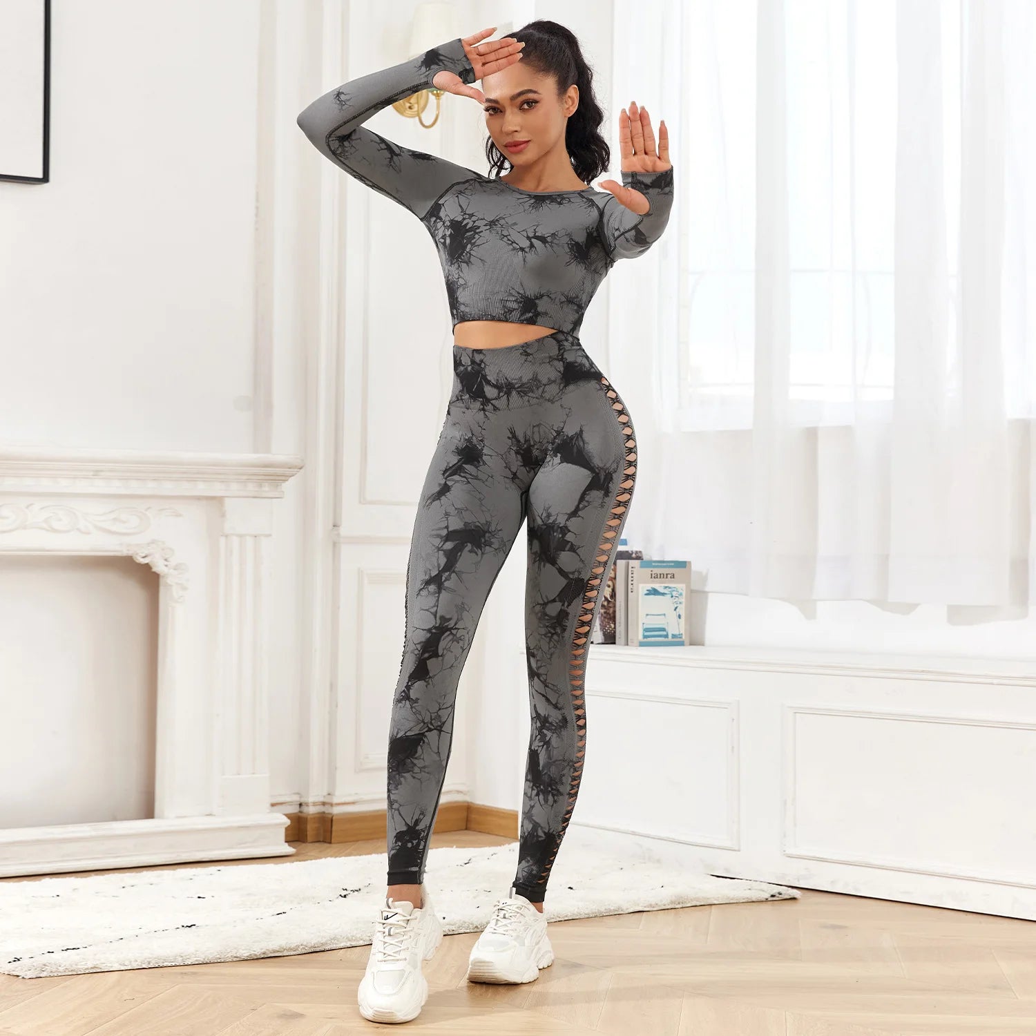 CHRLEISURE Seamless Tie Dye Sports Set Hollow Out Yoga Suit Fitness Top With Workout Leggings Activewear