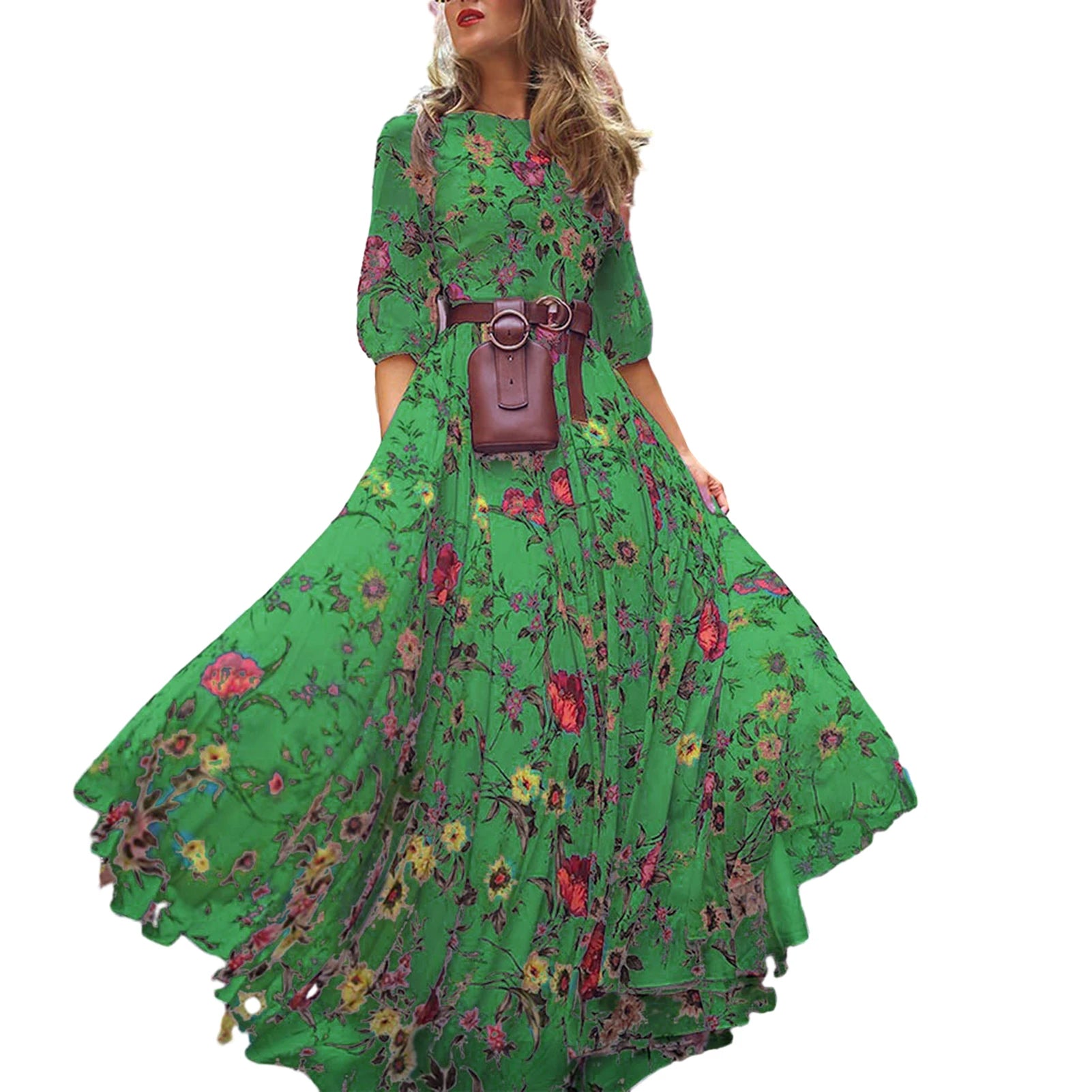 Spring Autumn Oversized  Floral Printing Lace Up Dress Female Long Sleeve Waist A-Line Robe Women's Loose Casual Vestidos