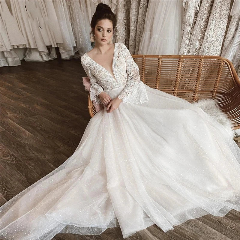 Gorgeous Wedding Dresses Elegant Bridal Gowns Deep V-Neck Flare Sleeves Robes for Formal Party 2025 Vestidos De Novia Customized - My Store