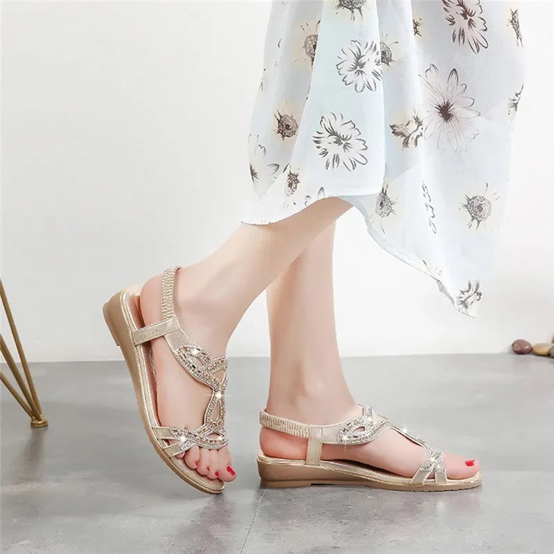 BEYARNE Summer Women Rhinestones Sandals Bohemian Style Comfortable Soft Sandals Woman Big Size Sandalias Zapatos De Mujer