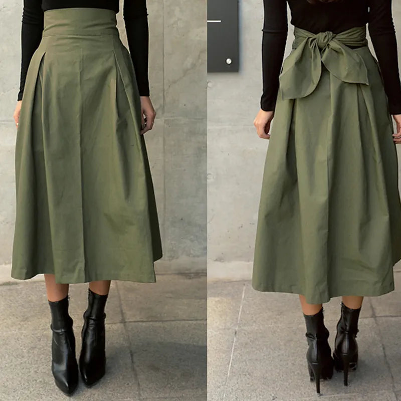 New Autumn Black Skirts Womens Korean Fashion Solid Color Big Swing Female Skirt Long Skirt Wild High Waist Bow Slim Skirts
