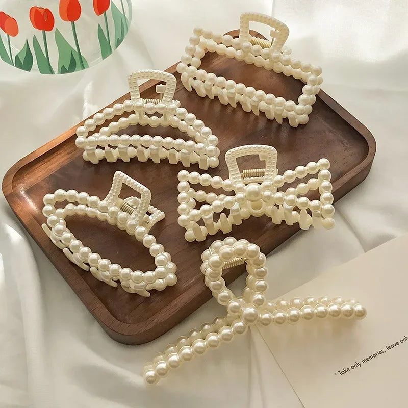 2pcs Elegant Pearls Beads Hairpin for Women Cute Geometric Hair Claw Barrettes Headwear Horsetail Hair Clips Hair Accessories