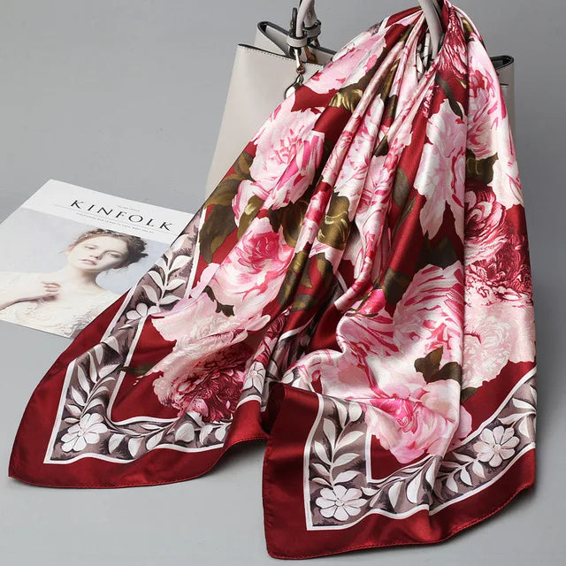 Fashion Kerchief Silk Satin Neck Scarf for Women Print Hijab Scarfs Female 90*90cm Square Shawls and Wraps Scarves for Lady