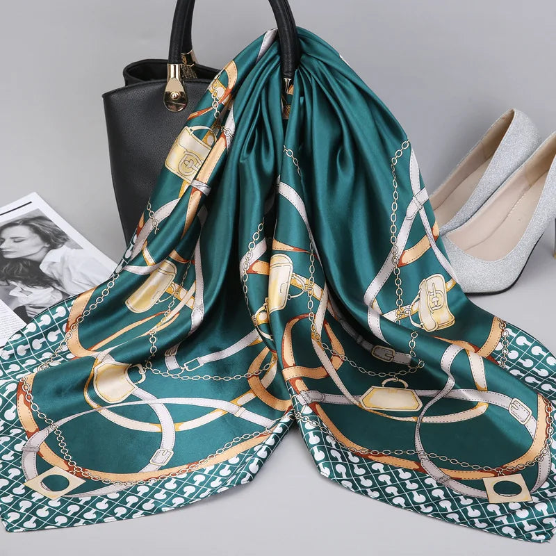 Fashion Kerchief Silk Satin Neck Scarf for Women Print Hijab Scarfs Female 90*90cm Square Shawls and Wraps Scarves for Lady