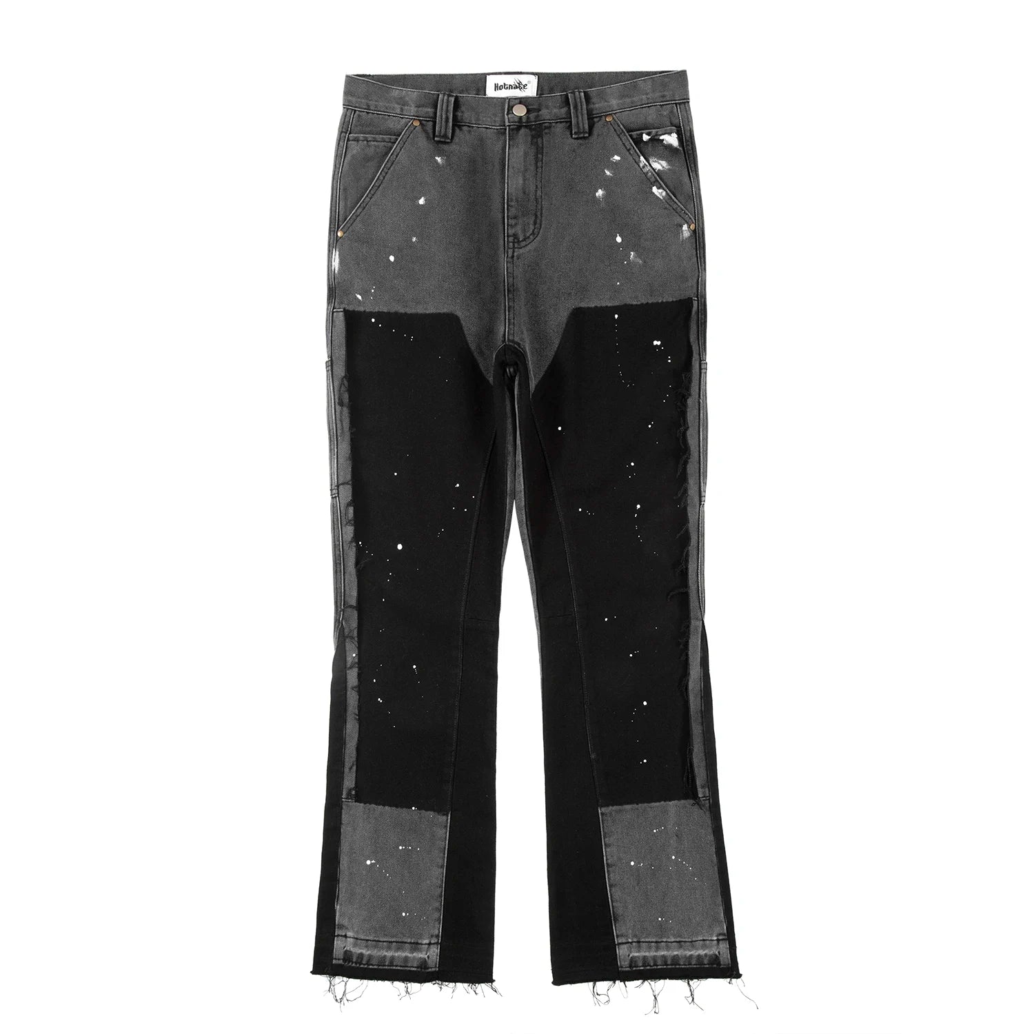 Vintage Flared Jeans for Men Y2k Streetwear Frayed Jean Pants Baggy Hip Hop Graffiti Colorblock Slim Fit Denim Jeans Man Black