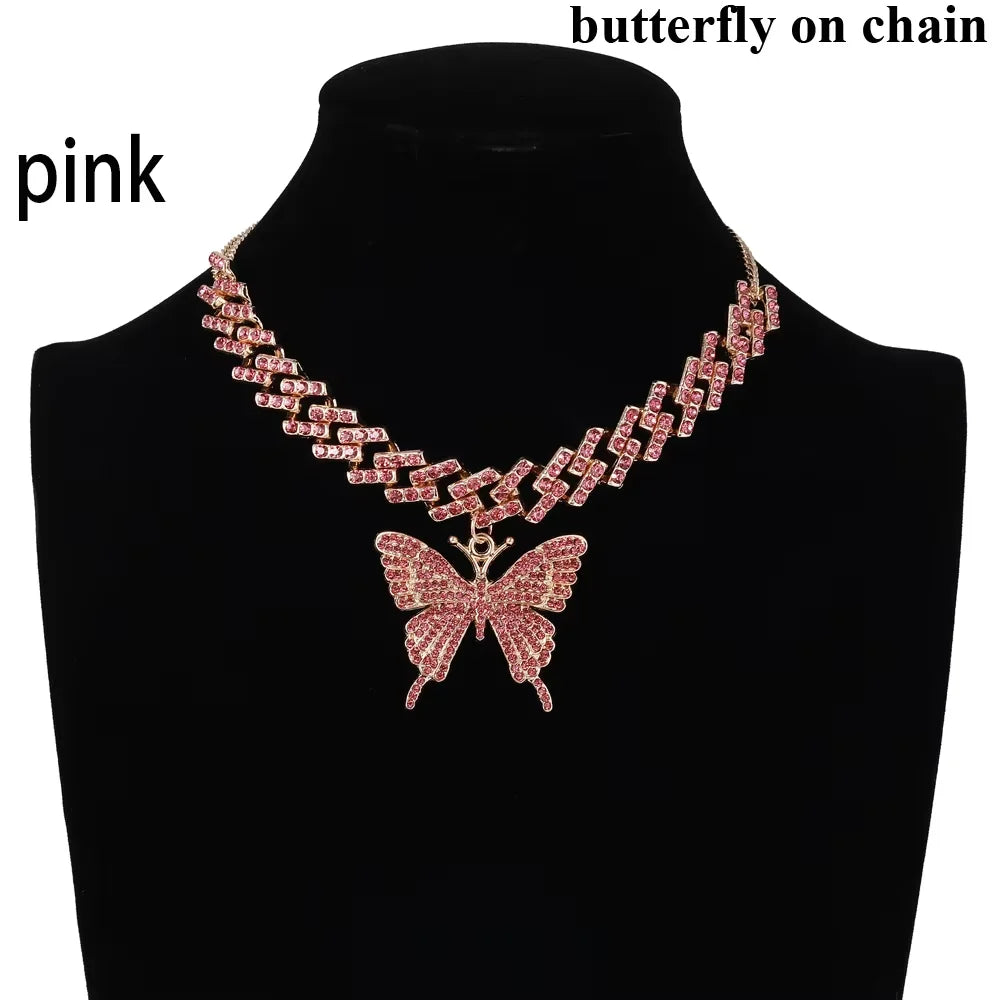 Pink Butterfly Necklace Chain  Jewelry Luxury Female Crystal Neck Pendants Women Rhinestones Jewellery Wholesale