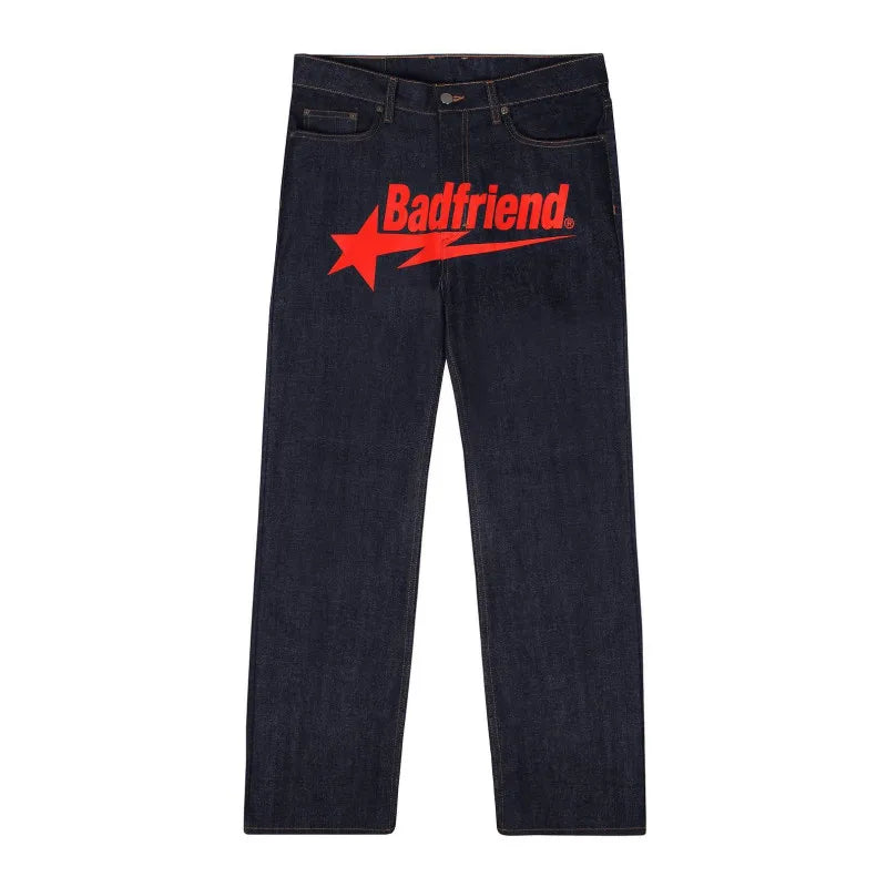 Y2k Men Retro Harajuku Clothing  New Baggy Casual Wide Leg Jeans Hip Hop Print Jeans Trend Fashion Black High Waist Jean