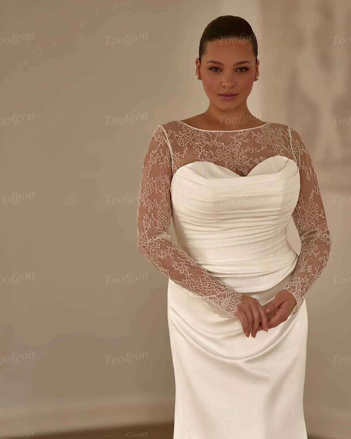 Toofgon Mermaid Satin Customized Wedding Gowns Detachable Lace Long Sleeves Bride Dresses Women Wedding Photo-Shoot Dress 2025 - My Store