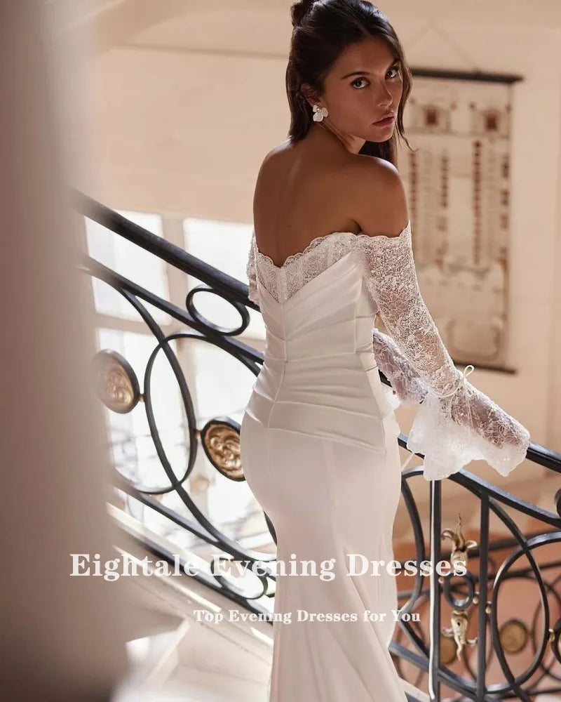 Eightale Boho Arabic Wedding Dress Scoop Lace Customized White Ivory Long Sleeves Mermaid Bridal Gown Robe De Mariée - My Store