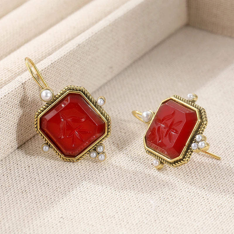 Red Earrings Earrings, Golden Color Earrings, Edwardian Jewelry, Victorian Jewelry, Ancient Jewelry, Bridesmaid Gift