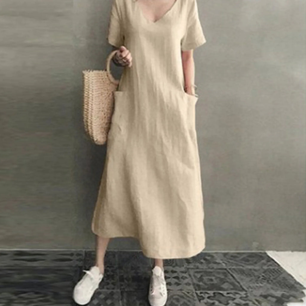 Summer Dresses Qutfits Causal Dress Short Sleeved Cotton Linen v Neck Dress With Pocket Loose Comfy Dresses Vestidos