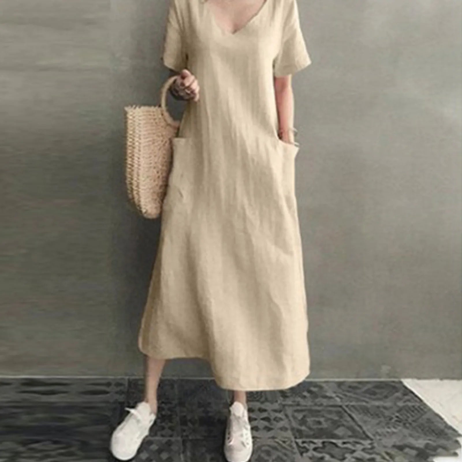Summer Dresses Qutfits Causal Dress Short Sleeved Cotton Linen v Neck Dress With Pocket Loose Comfy Dresses Vestidos