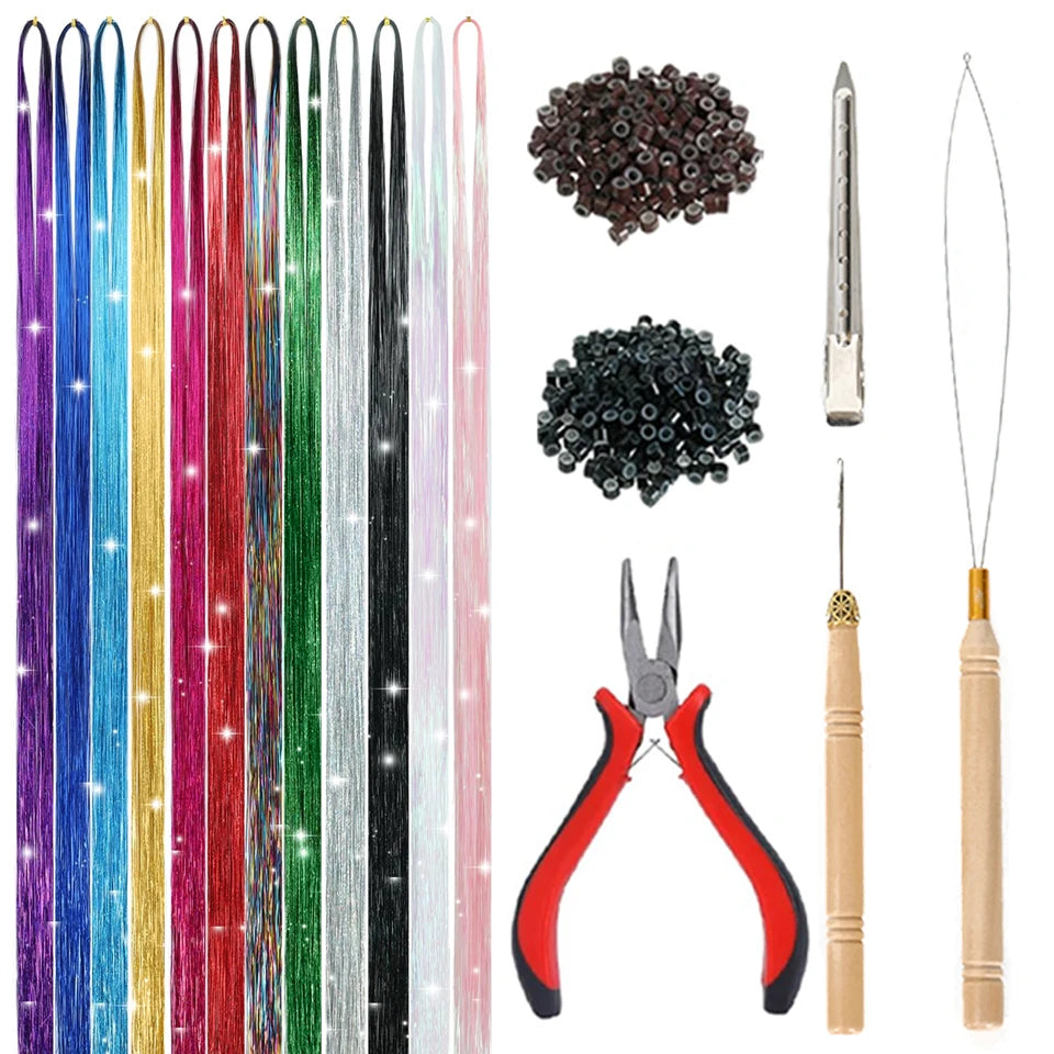 48 Inch Synthetic Hair Tinsel Kit With Tool 1200 Strands Tinsel Hair Extensions 12 Colors Fairy Hair Tinsel Sparkling Shiny Hair