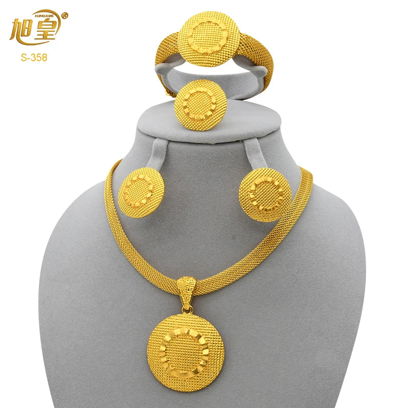 XUHUANG African Necklaces Bracelets Earing Sets Nigerian Wedding Jewelry Set Ethiopian Gold Colour Necklace Jewellery Set Gifts
