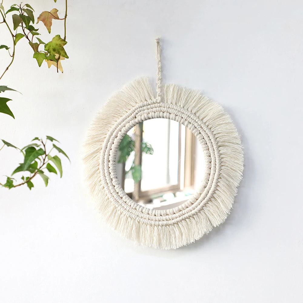 Decorative Mirrors Wall Decor Macrame Round Mirror Boho Home Decor Mirrors for Bedroom Living Room Bathroom Baby Room Decoration