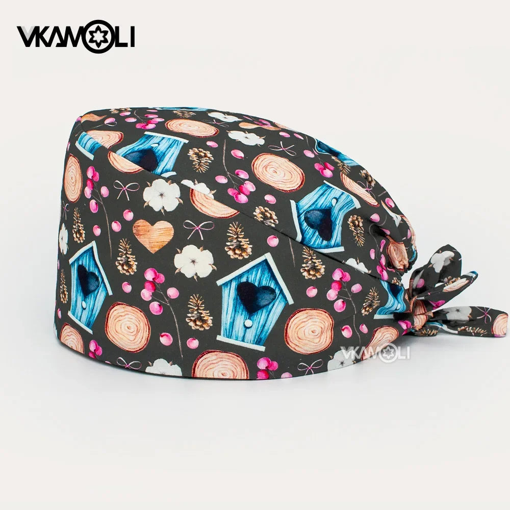 Flower Printing Scrub Caps Dental Print Scrubs Hat 100% Cotton Women Men Dust Proof Vet Dentist  Working Hats Tie Back Cap
