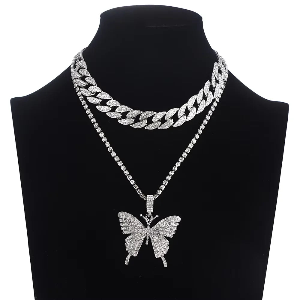 Pink Butterfly Necklace Chain  Jewelry Luxury Female Crystal Neck Pendants Women Rhinestones Jewellery Wholesale