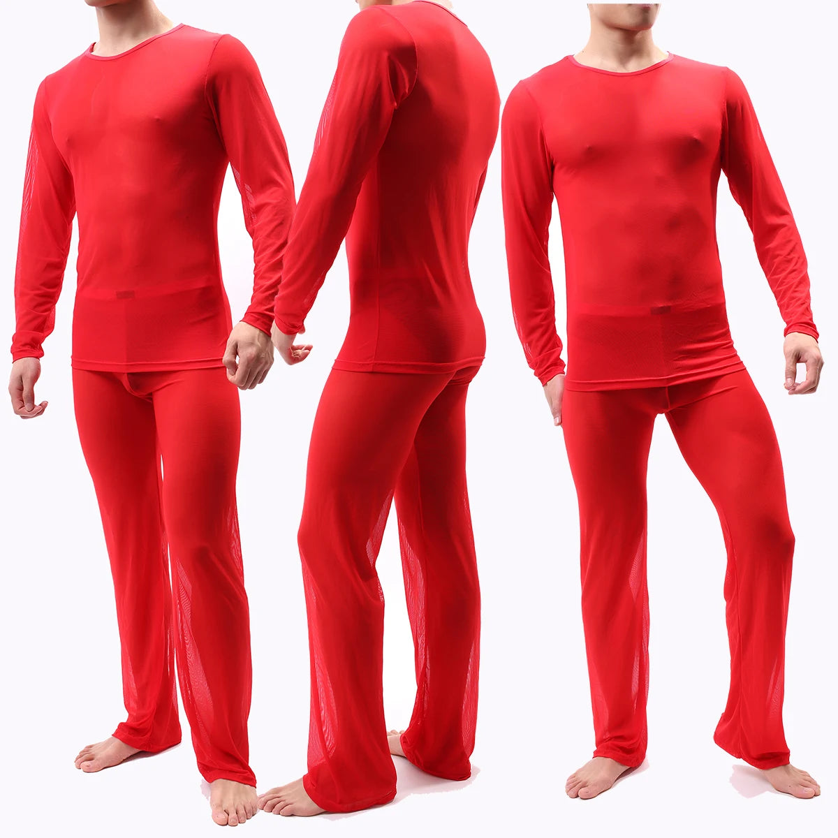 Sexy Men Pajamas Sets See Through Ice Silk T-Shirts No Seaming Tee Thin Man T-Shirt & Pants Pajama Sexy Male Pajamas Sleepwear