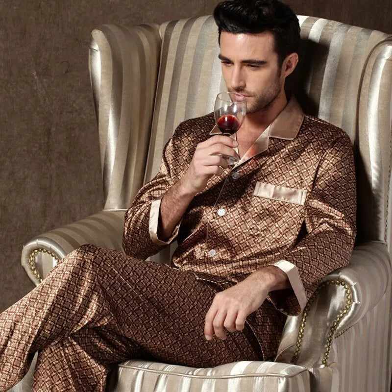 Mens Stain Silk Pajama Sets Pajamas Men Sleepwear Printed Silk Nightgown Home Male Satin Soft Cozy Sleeping Pajamas