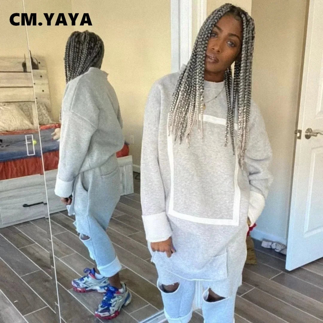 CM.YAYA Activewear Fleece Patchwork Women's Set Crewneck Sweatshirt + Hole Pants Suit Tracksuit Two Piece Set Fitness Outfit