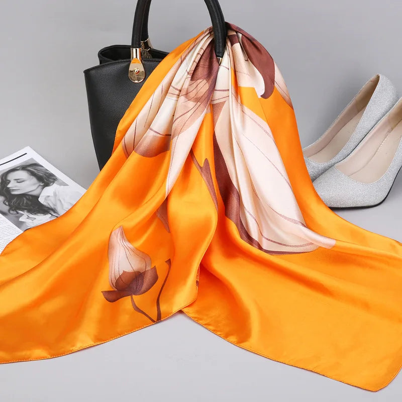 Fashion Kerchief Silk Satin Neck Scarf for Women Print Hijab Scarfs Female 90*90cm Square Shawls and Wraps Scarves for Lady