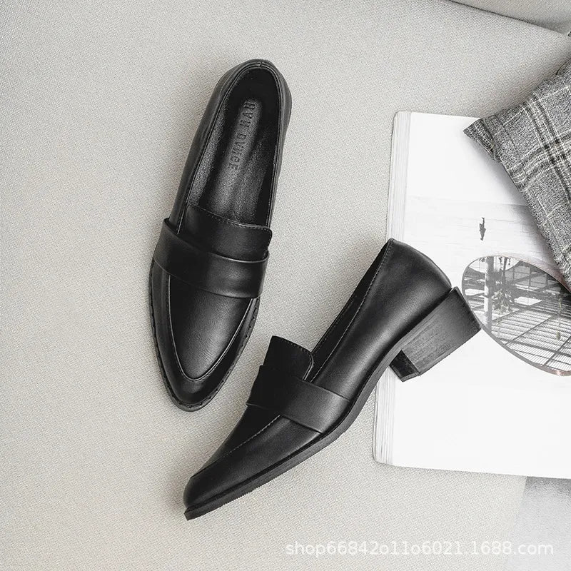 Women Shoes Spring Autumn  New Black Pointed British Style Small Leather Shoes Loafers Shoes Single Shoes Vulcanize Shoes