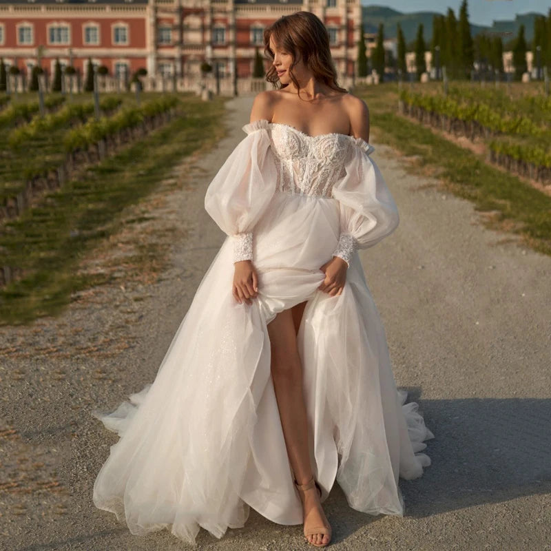 LSYX Customized A-Line Wedding Dresses Elegant Off the Shoulder Puff Sleeve Evening Dress High Split Beach Boho Wedding Dress - My Store