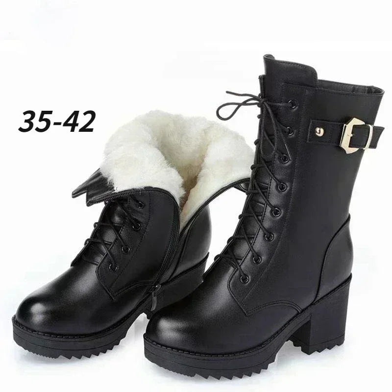 2025 Winter Leather Women Winter Boots Thick Wool Warm Women High-Heeled Genuine Boot High-Quality Female Snow Boots Women Shoes
