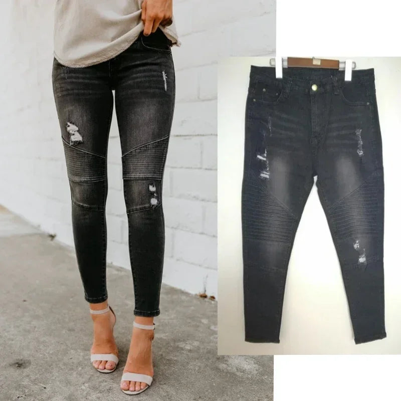 Ripped Jeans Women 2025 New Moto Biker Jeans Woman Push Up Denim Pants for Women Clothing Jean Femme Pantalones Mujer Blue XXL