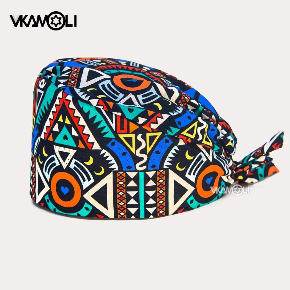 Flower Printing Scrub Caps Dental Print Scrubs Hat 100% Cotton Women Men Dust Proof Vet Dentist  Working Hats Tie Back Cap