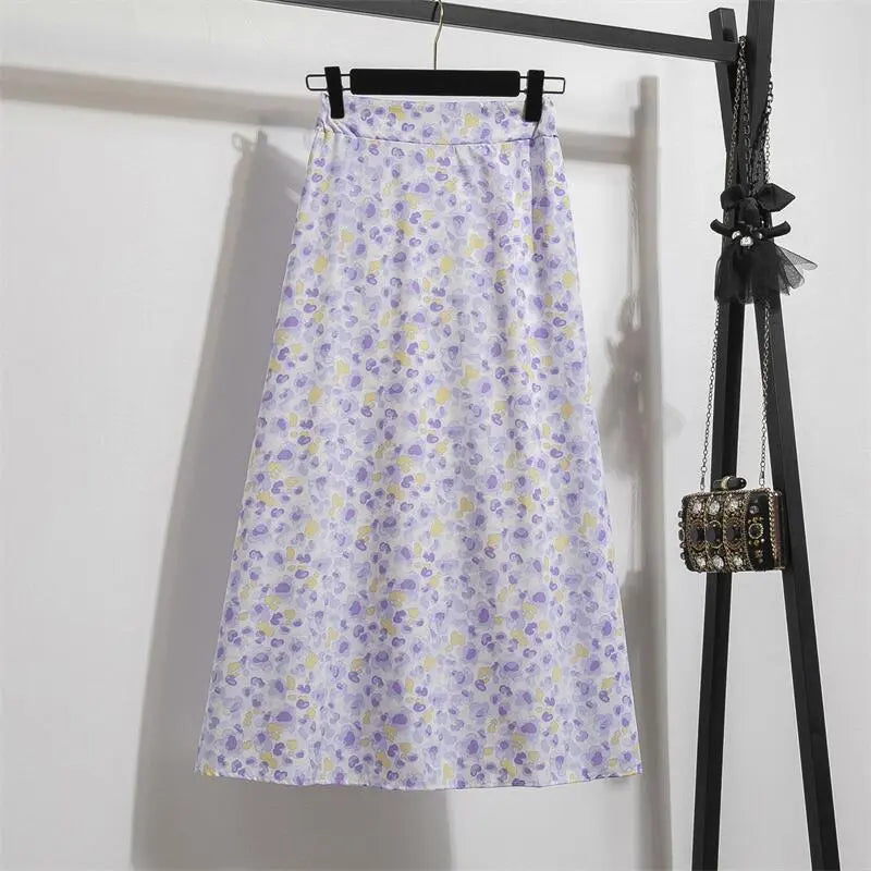 Spring Summer Chiffon Women Skirts Casual Floral Printed Woman Long Skirts Elastic Waist Female Loose Extended Skirt