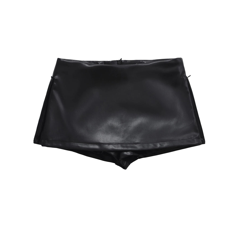 Faux Leather Mini Skirts Elegant  Korean Fashion Black PU Skirts for Woman Low Rise Skirt Zip Up Split Skirt With Shorts Brown