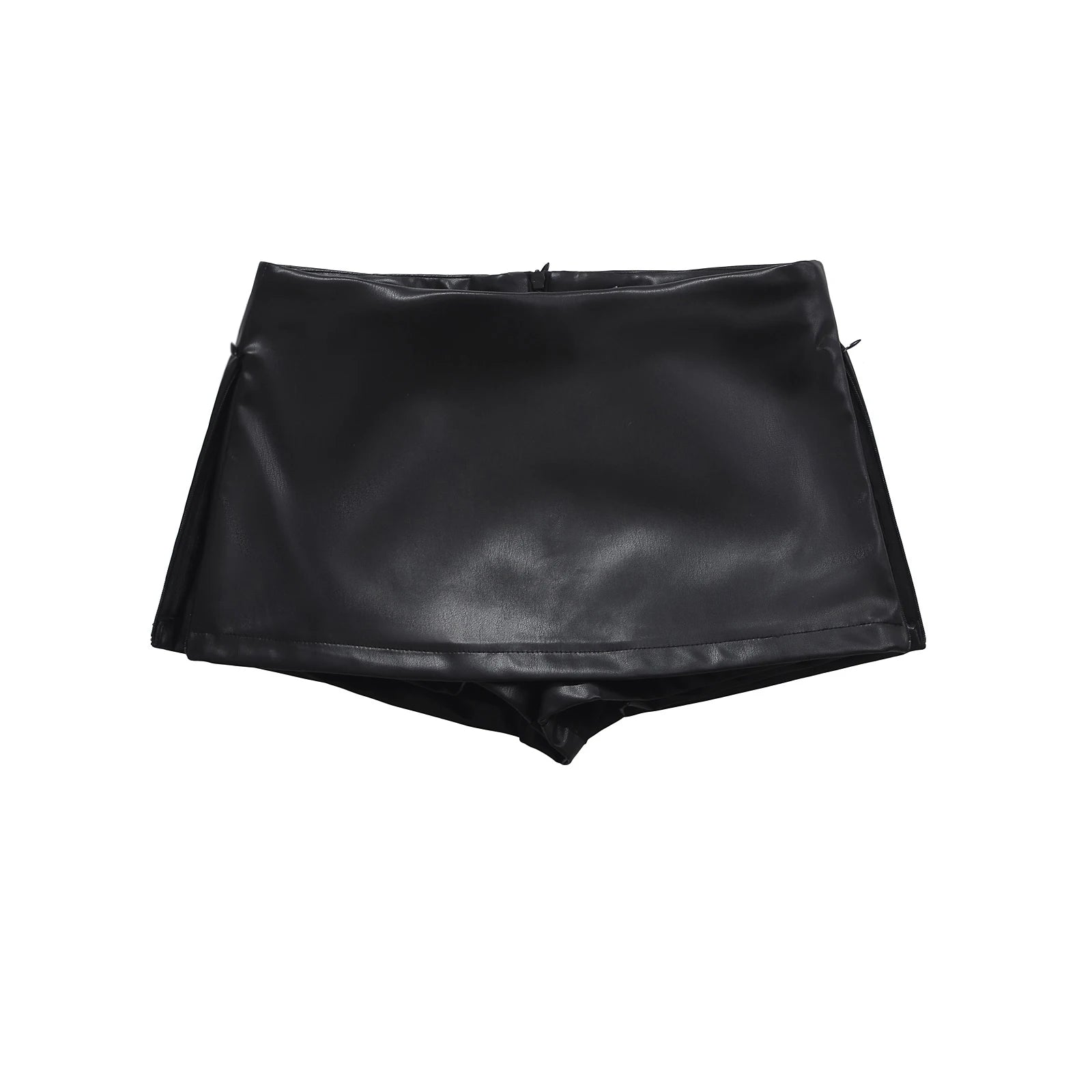 Faux Leather Mini Skirts Elegant  Korean Fashion Black PU Skirts for Woman Low Rise Skirt Zip Up Split Skirt With Shorts Brown