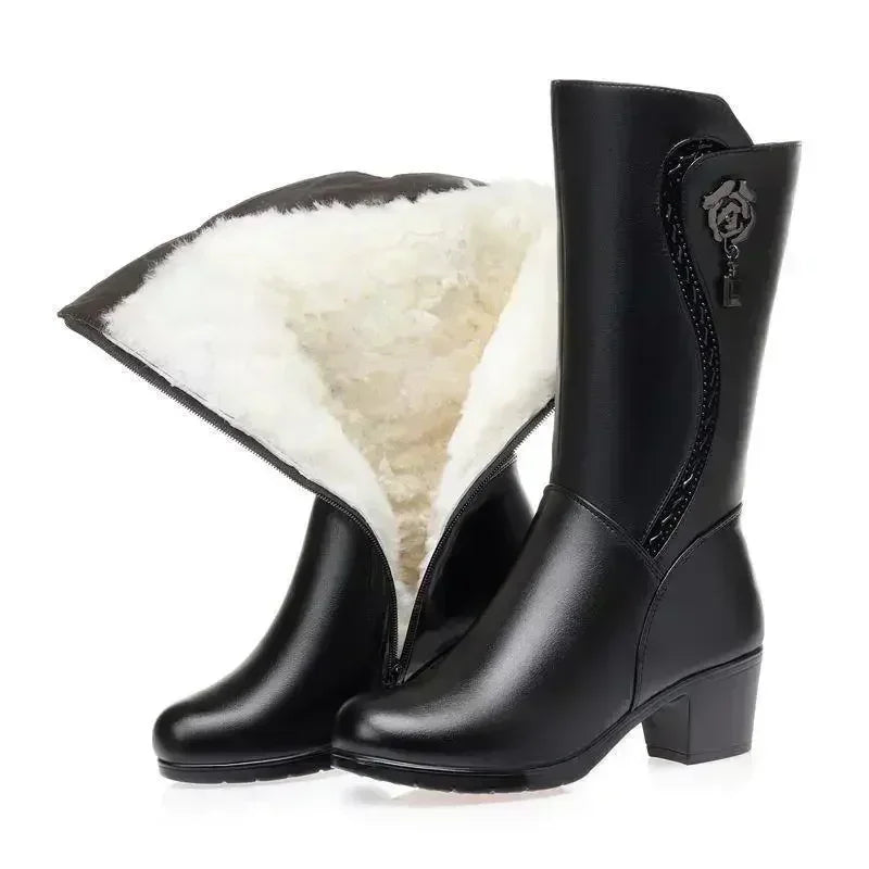 2025 Winter Leather Women Winter Boots Thick Wool Warm Women High-Heeled Genuine Boot High-Quality Female Snow Boots Women Shoes