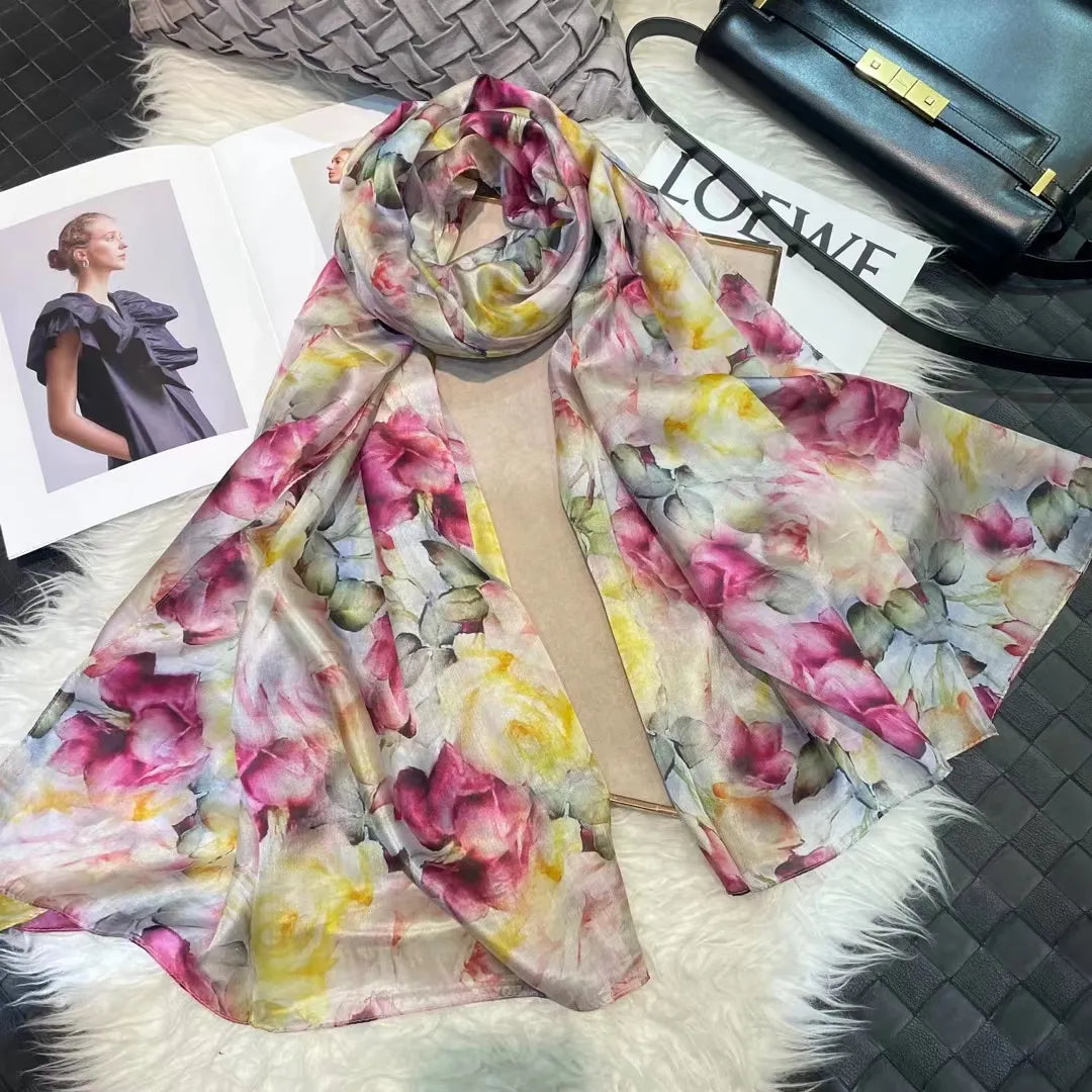 White100% Silk Scarf Women Scarves Bufandas Summer Beach Shawls Foulard Fall Winter Brand Flower Design Long Neck Scarves Hijabs