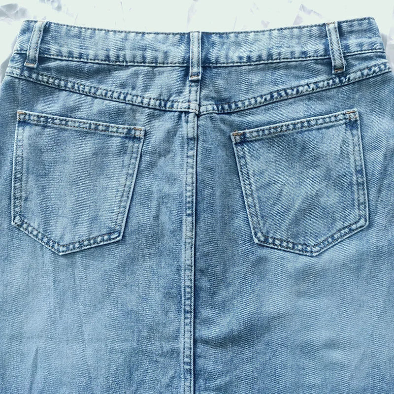 Boho Denim Skirts Mid Waist Overall High Street Washed Skirts Vintage Style Front Pockets Ripped Maxi Skirts Bleach Jean Skirt