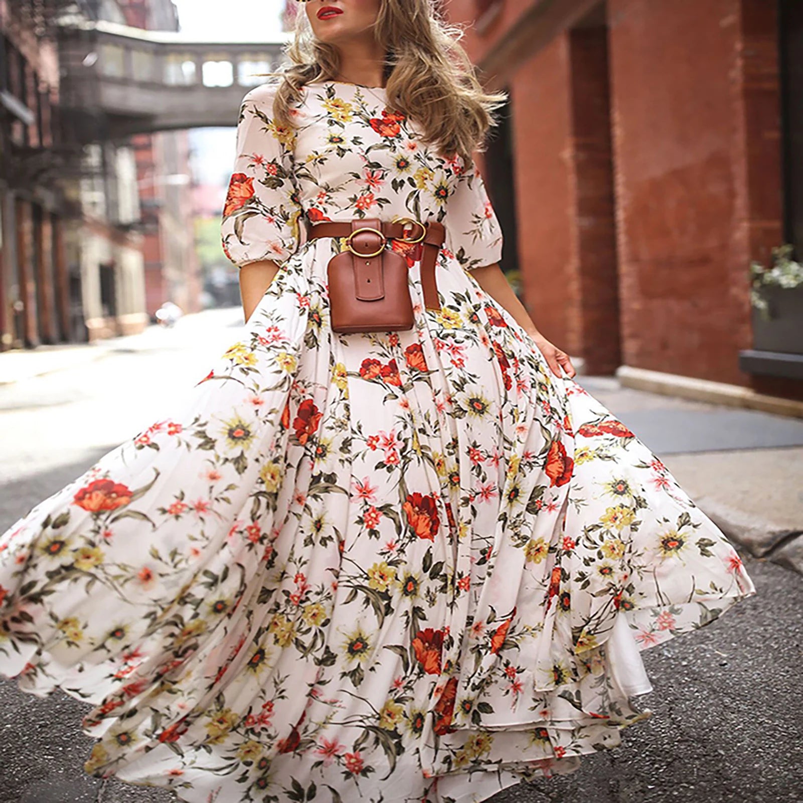 Spring Autumn Oversized  Floral Printing Lace Up Dress Female Long Sleeve Waist A-Line Robe Women's Loose Casual Vestidos