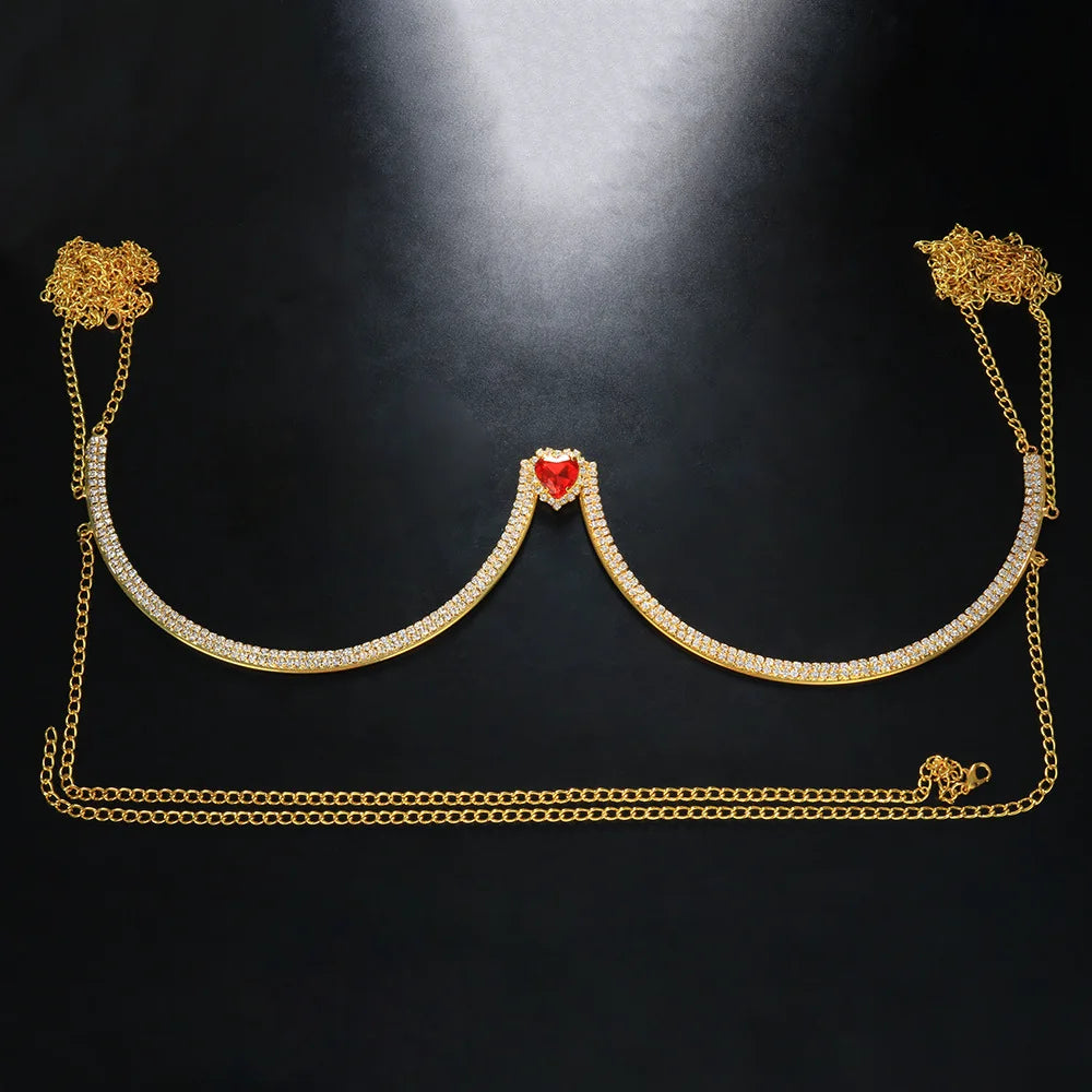 Stonefans Red Heart Bra Chain Body Jewelry Women Crystal Bracket Chest Beach Underwear Jewellery Dance Jewelry Bodysuit Clothes