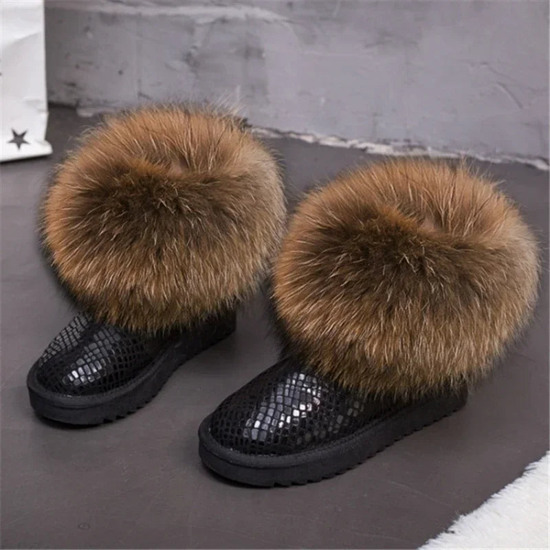 G&Zaco Luxury Winter Snow Boots Women Natural Real Fox Fur Boots Waterproof Genuine Suede Leather Boots Black Flat Short Boot