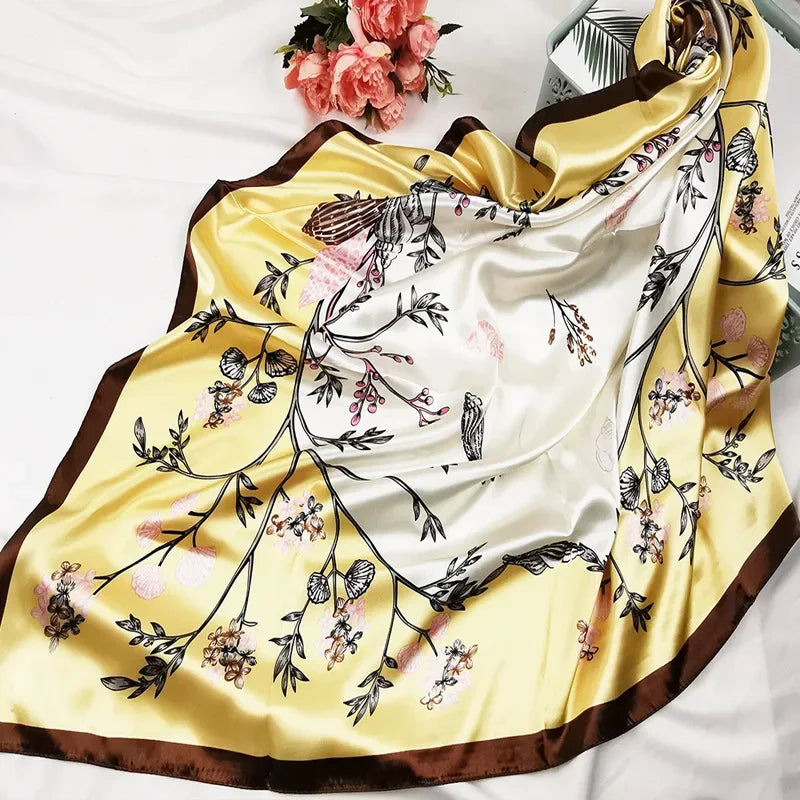 90cm Neckerchief Silk Satin Women Hijab Scaves Fashion Floral Print Headband Neck Scarfs Female Square Shawls Scarfs for Ladies